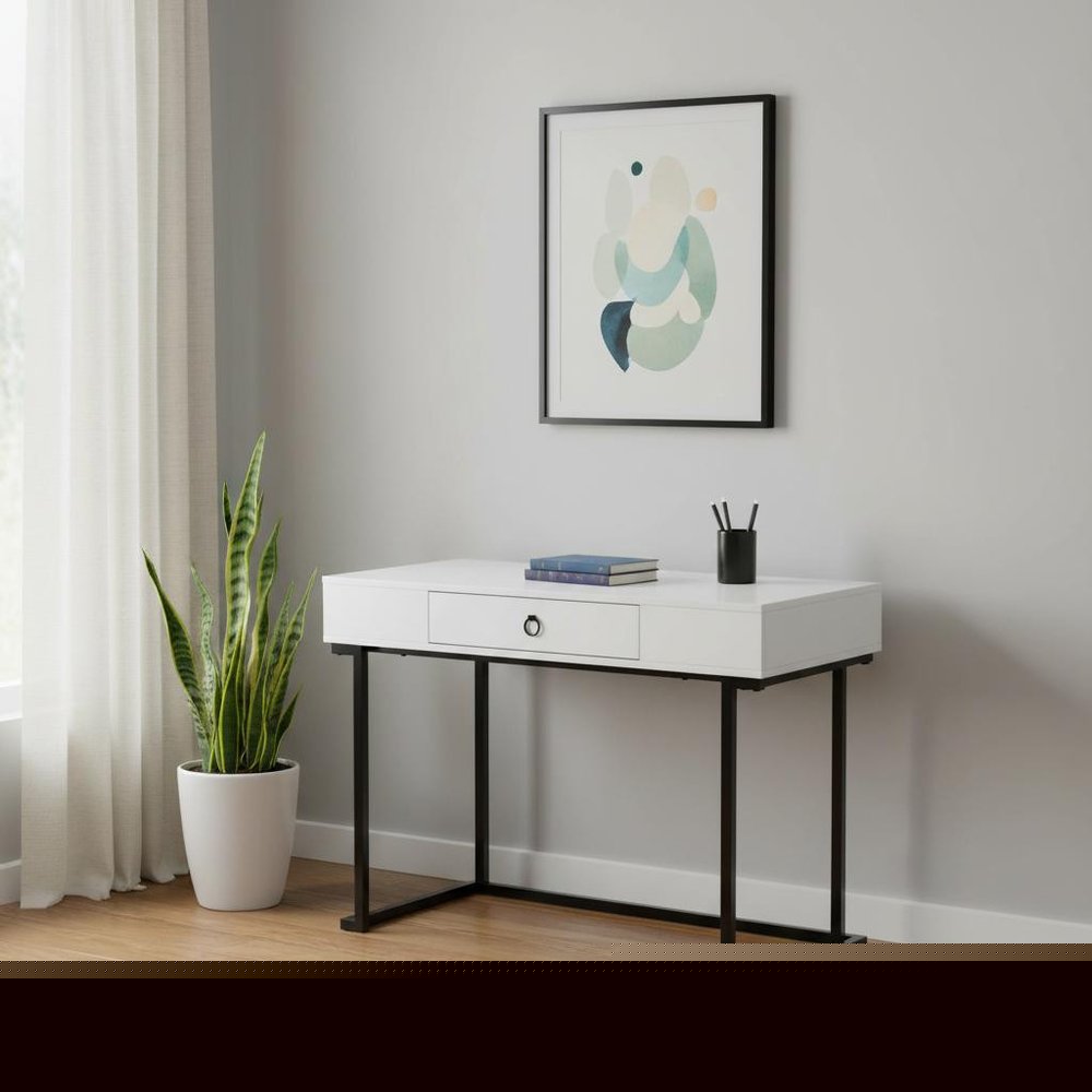 42" White and Black Wood and Metal Sled Computer Desk