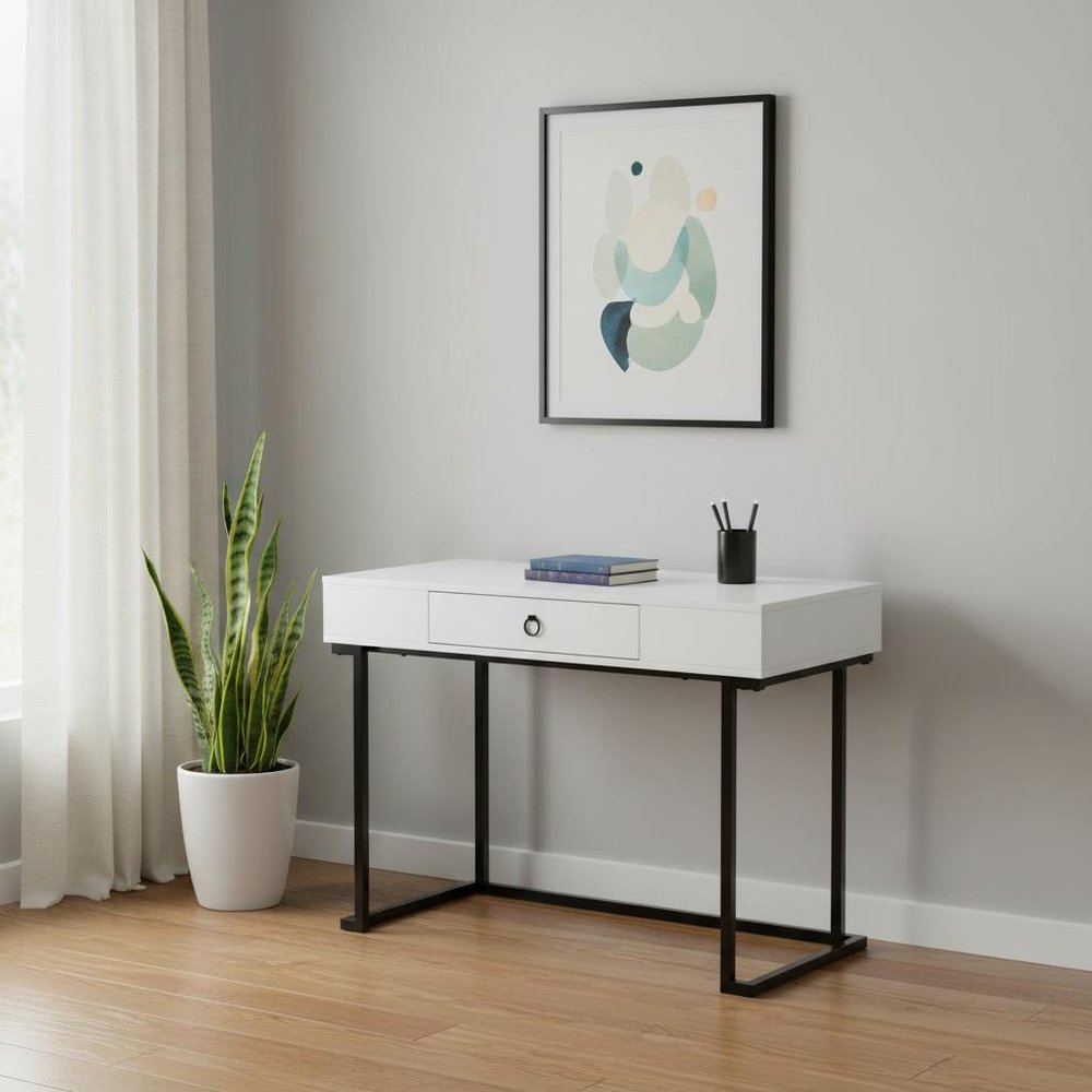 42" White and Black Wood and Metal Sled Computer Desk