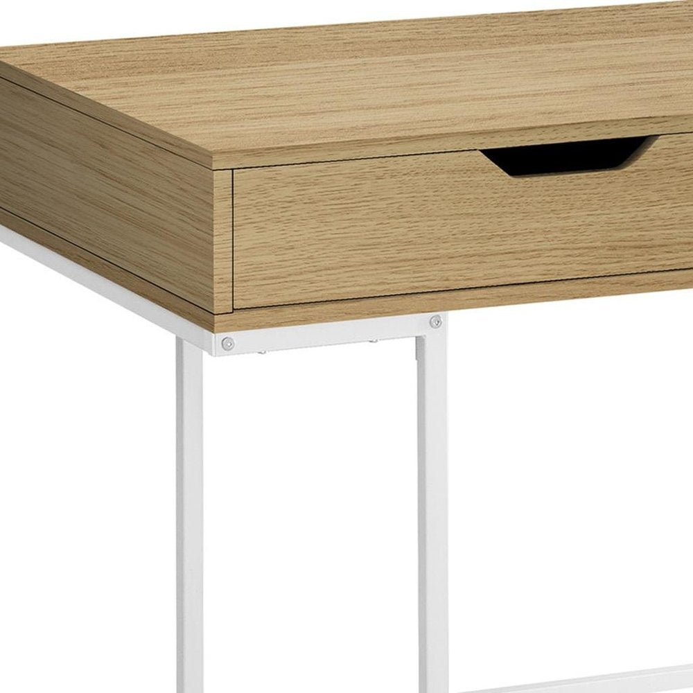 47" Natural and White Wood and Metal H-Shape Computer Desk With Two Drawers