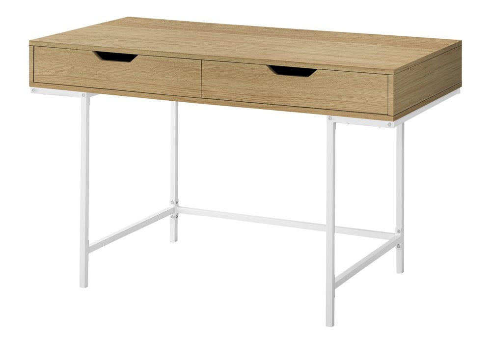 47" Natural and White Wood and Metal H-Shape Computer Desk With Two Drawers