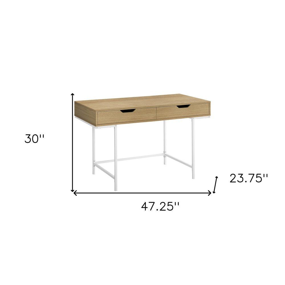 47" Natural and White Wood and Metal H-Shape Computer Desk With Two Drawers