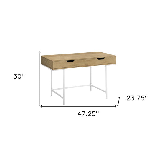 47" Natural and White Wood and Metal H-Shape Computer Desk With Two Drawers
