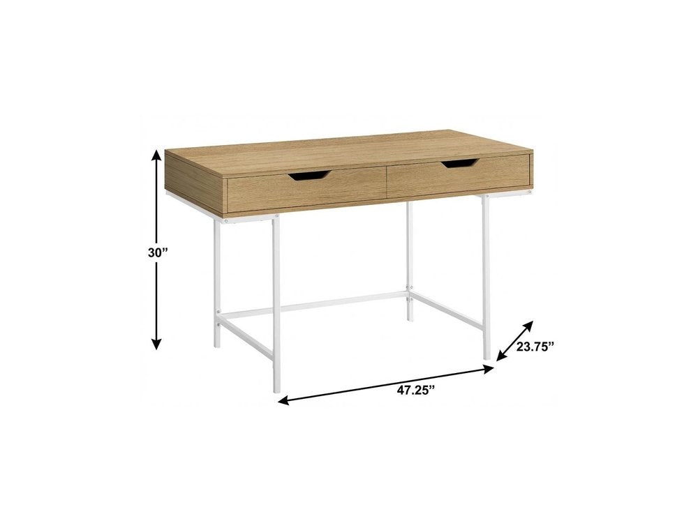 47" Natural and White Wood and Metal H-Shape Computer Desk With Two Drawers