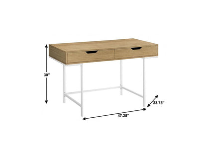 47" Natural and White Wood and Metal H-Shape Computer Desk With Two Drawers