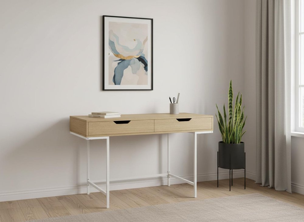 47" Natural and White Wood and Metal H-Shape Computer Desk With Two Drawers