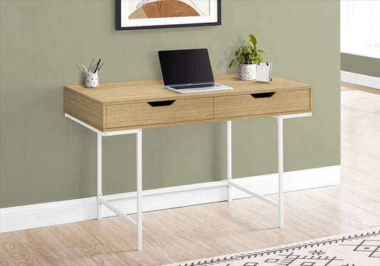 47" Natural and White Wood and Metal H-Shape Computer Desk With Two Drawers