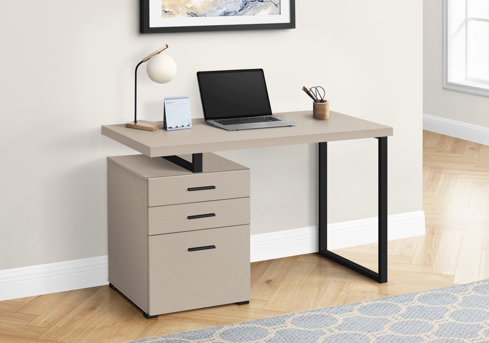 47" Taupe and Black Wood and Metal Sled Computer Desk With Three Drawers