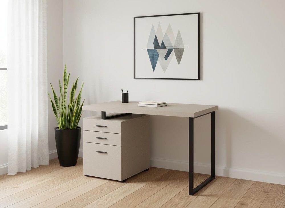 47" Taupe and Black Wood and Metal Sled Computer Desk With Three Drawers
