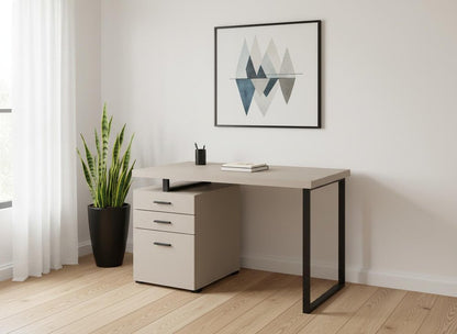 47" Taupe and Black Wood and Metal Sled Computer Desk With Three Drawers
