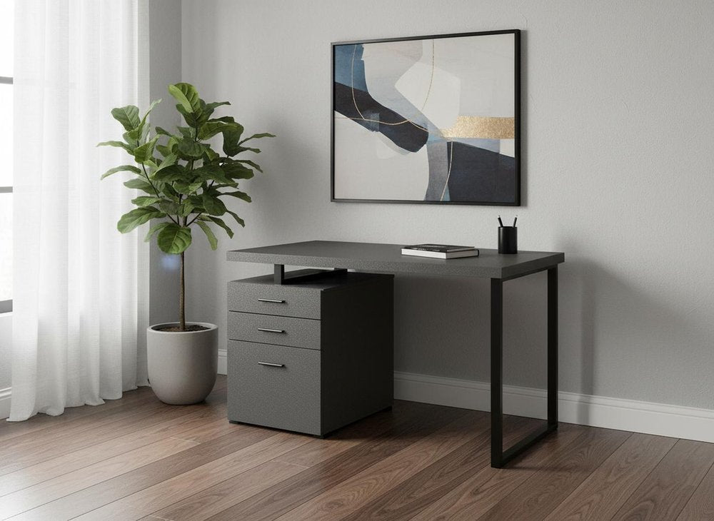 47" Gray and Black Wood and Metal Sled Computer Desk With Three Drawers
