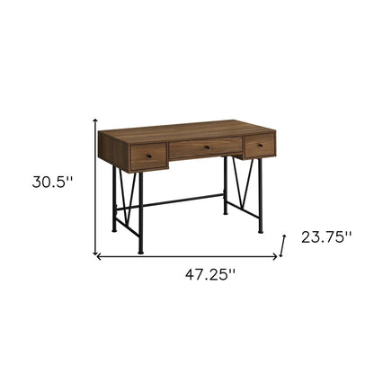 47" Brown and Black Wood and Metal Sled Computer Desk With Three Drawers