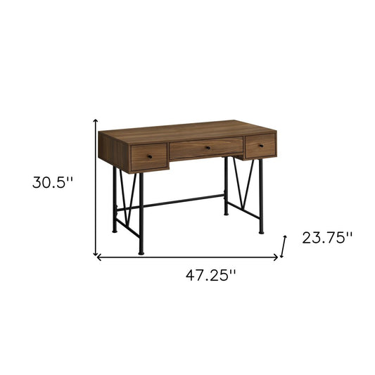 47" Brown and Black Wood and Metal Sled Computer Desk With Three Drawers