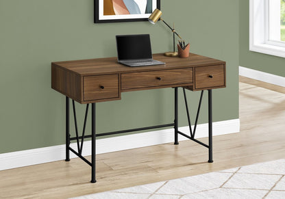 47" Brown and Black Wood and Metal Sled Computer Desk With Three Drawers