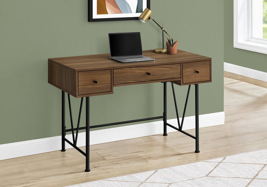 47" Brown and Black Wood and Metal Sled Computer Desk With Three Drawers