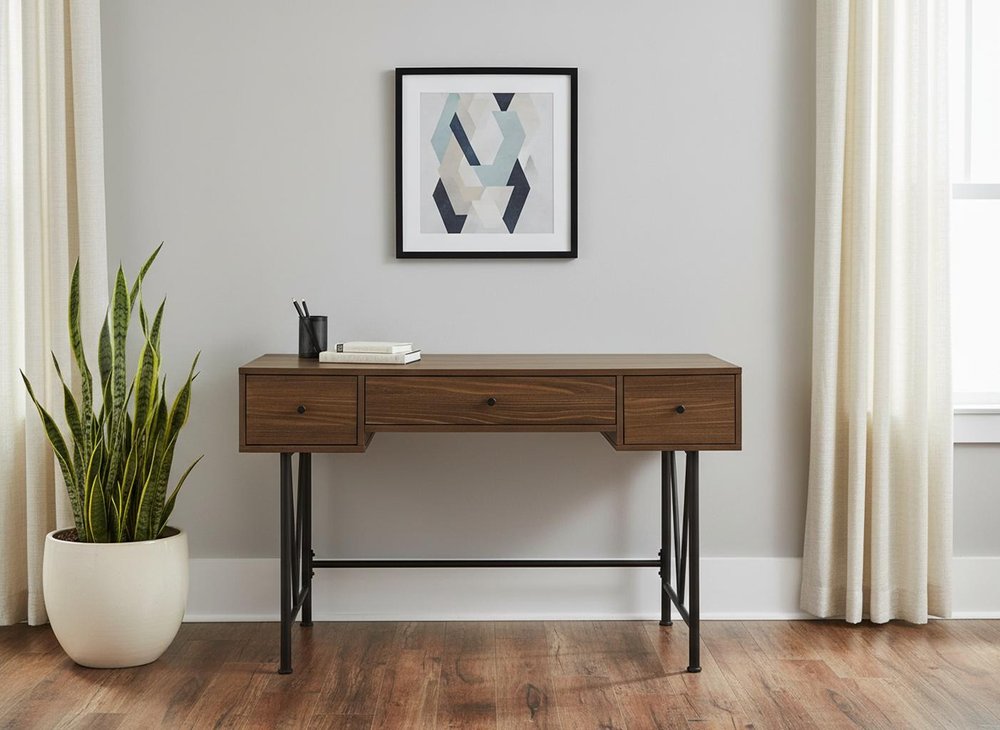 47" Brown and Black Wood and Metal Sled Computer Desk With Three Drawers