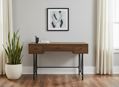 47" Brown and Black Wood and Metal Sled Computer Desk With Three Drawers