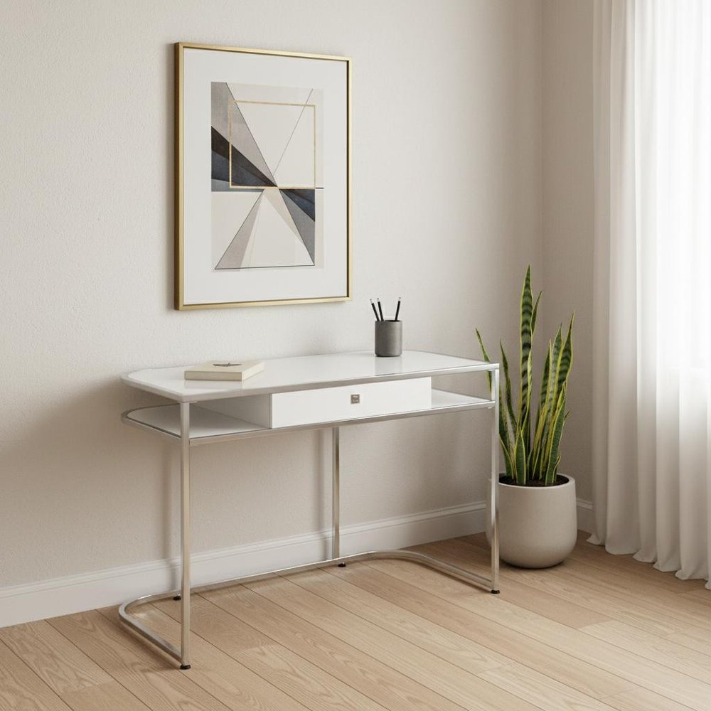 47" White and Silver Wood and Metal Sled Computer Desk