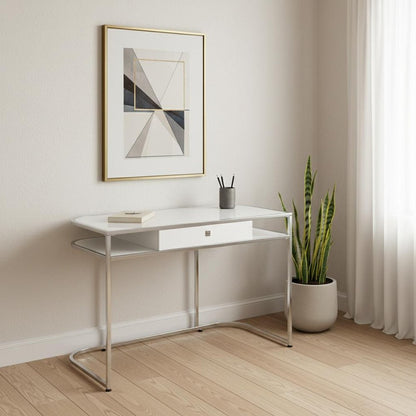 47" White and Silver Wood and Metal Sled Computer Desk