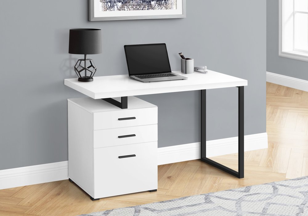 47" White and Black Wood and Metal Sled Computer Desk With Three Drawers