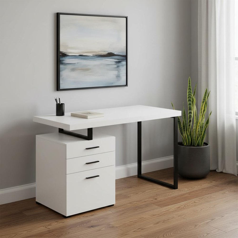 47" White and Black Wood and Metal Sled Computer Desk With Three Drawers