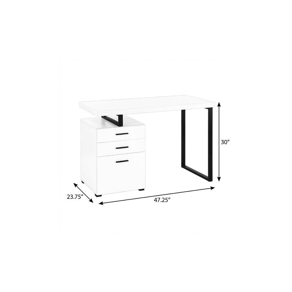 47" White and Black Wood and Metal Sled Computer Desk With Three Drawers