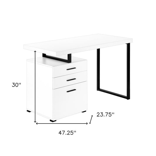 47" White and Black Wood and Metal Sled Computer Desk With Three Drawers