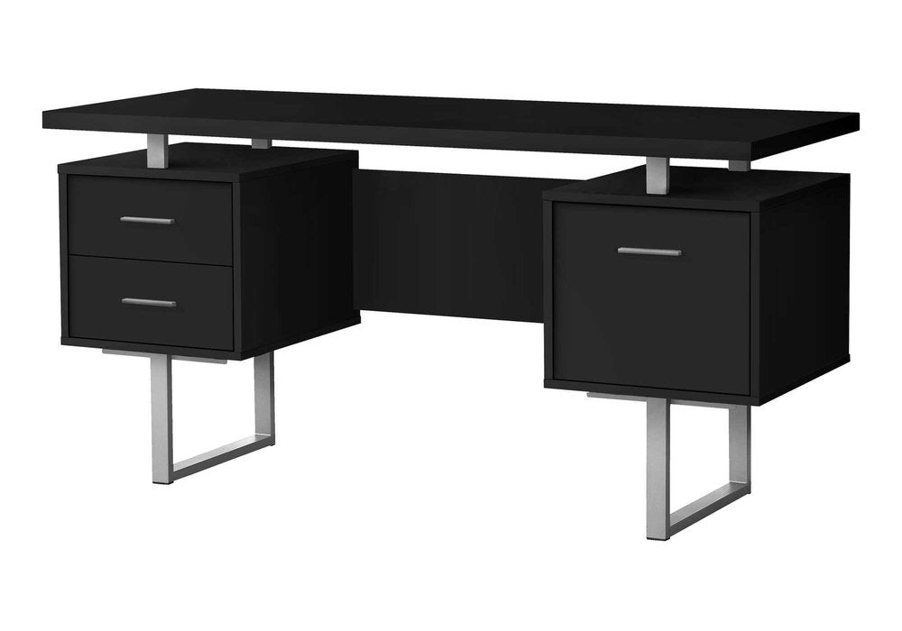 60" Black and Gray Wood and Metal Sled Computer Desk With Three Drawers