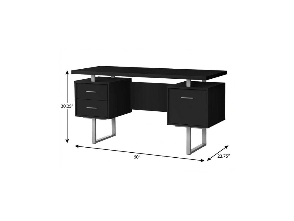 60" Black and Gray Wood and Metal Sled Computer Desk With Three Drawers