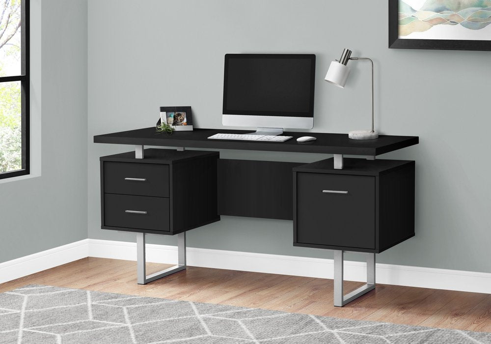 60" Black and Gray Wood and Metal Sled Computer Desk With Three Drawers