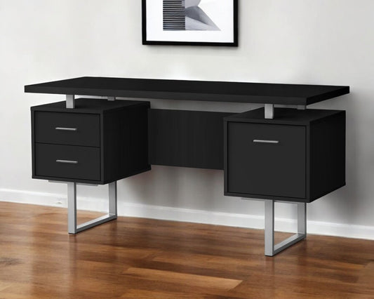 60" Black and Gray Wood and Metal Sled Computer Desk With Three Drawers