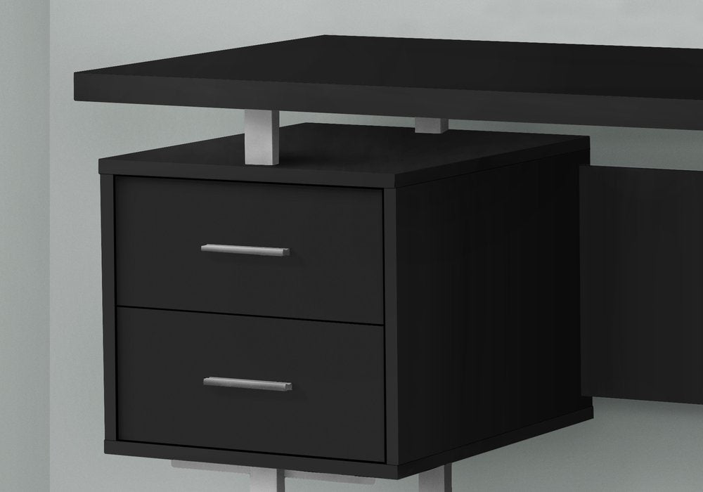 60" Black and Gray Wood and Metal Sled Computer Desk With Three Drawers