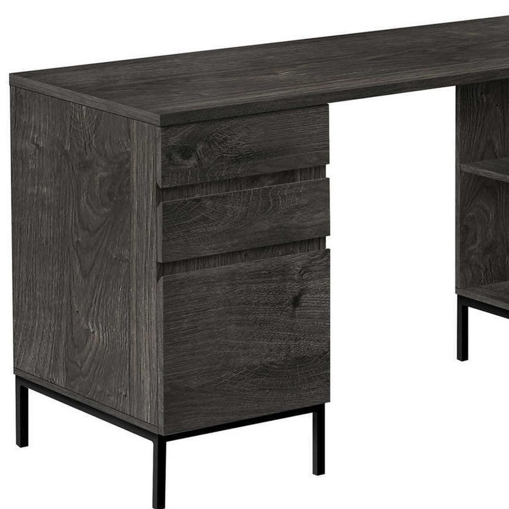 60" Gray and Black L Shape Computer Desk With Three Drawers