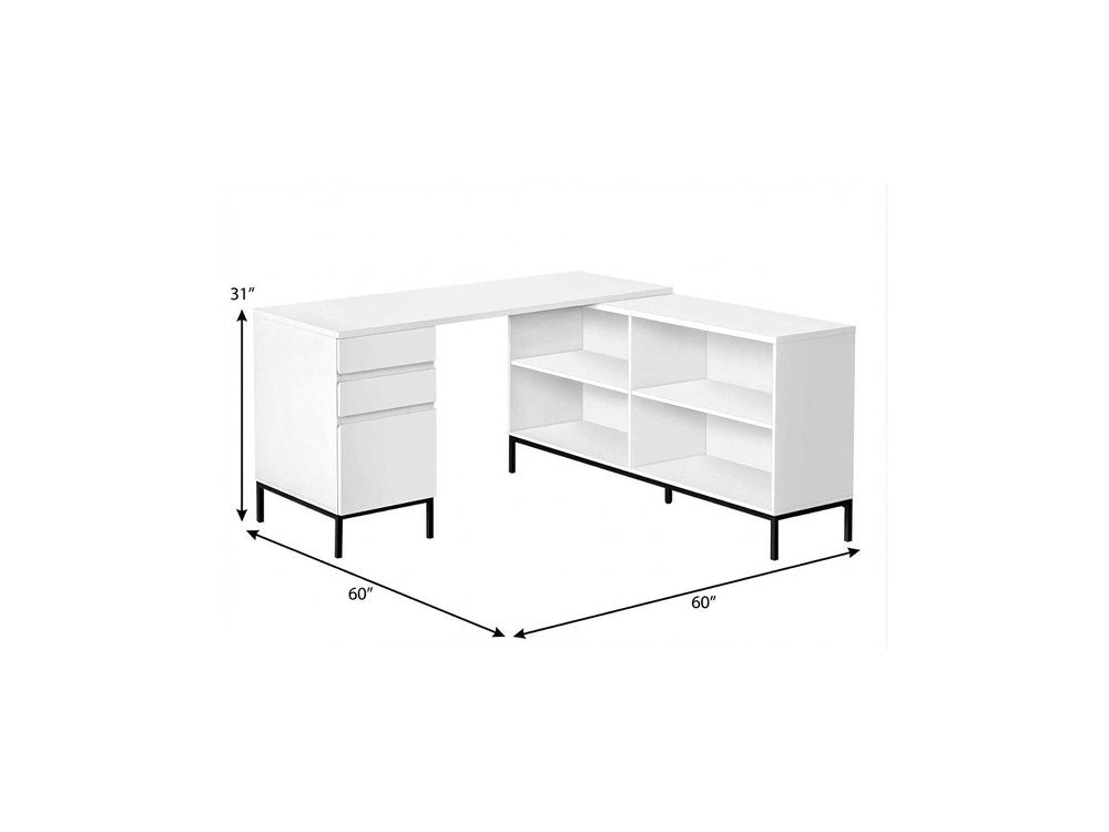60" White and Black L Shape Computer Desk With Three Drawers