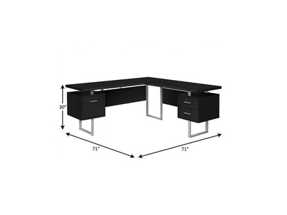 71" Black and Gray L Shape Computer Desk With Three Drawers