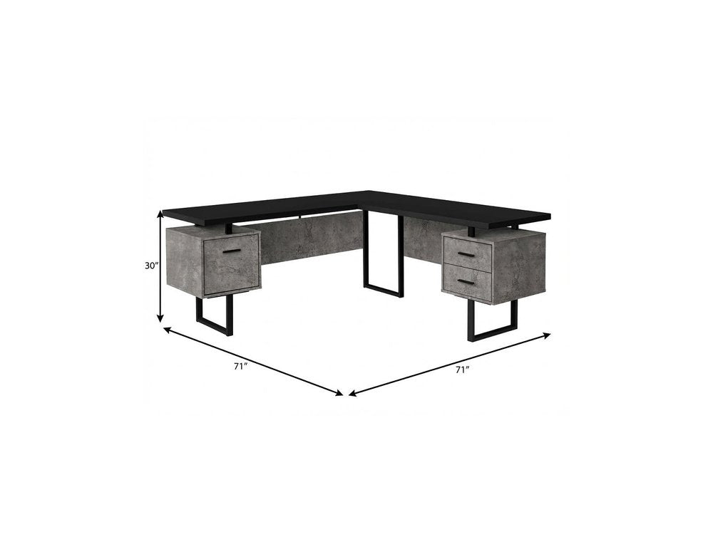 71" Black L Shape Computer Desk With Three Drawers