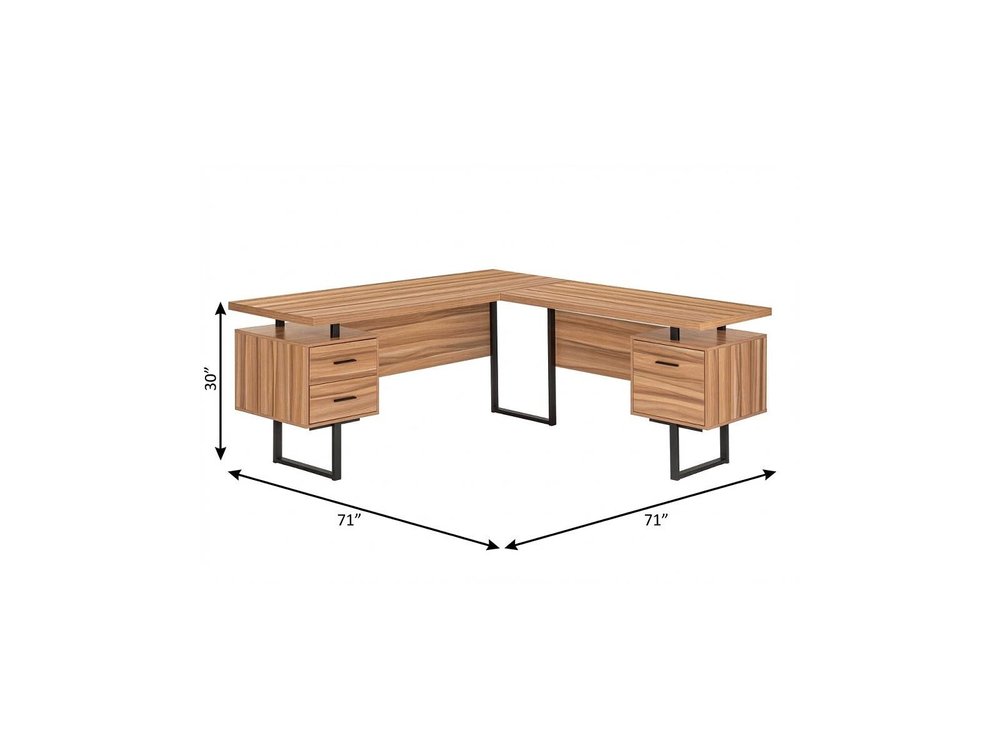 71" Brown and Black L Shape Computer Desk With Three Drawers