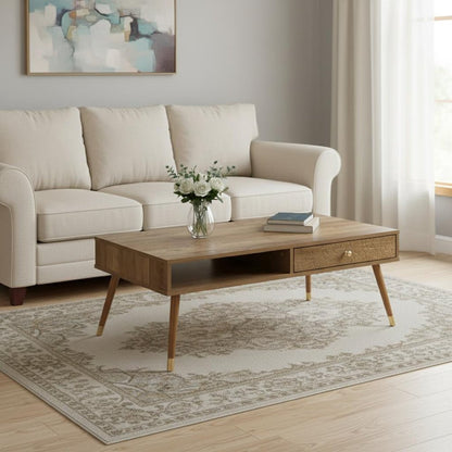 44" Natural And Brown Solid Wood Coffee Table With Drawer And Shelf