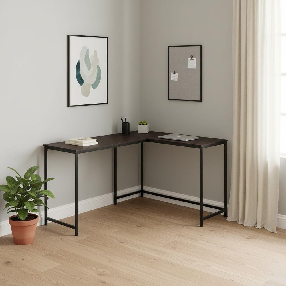 58" Espresso and Black L Shape Computer Desk