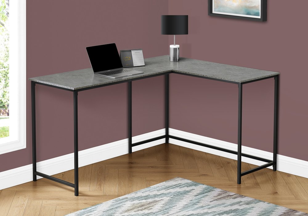 58" Gray and Black Faux Stone Wood And Metal Corner Computer Desk