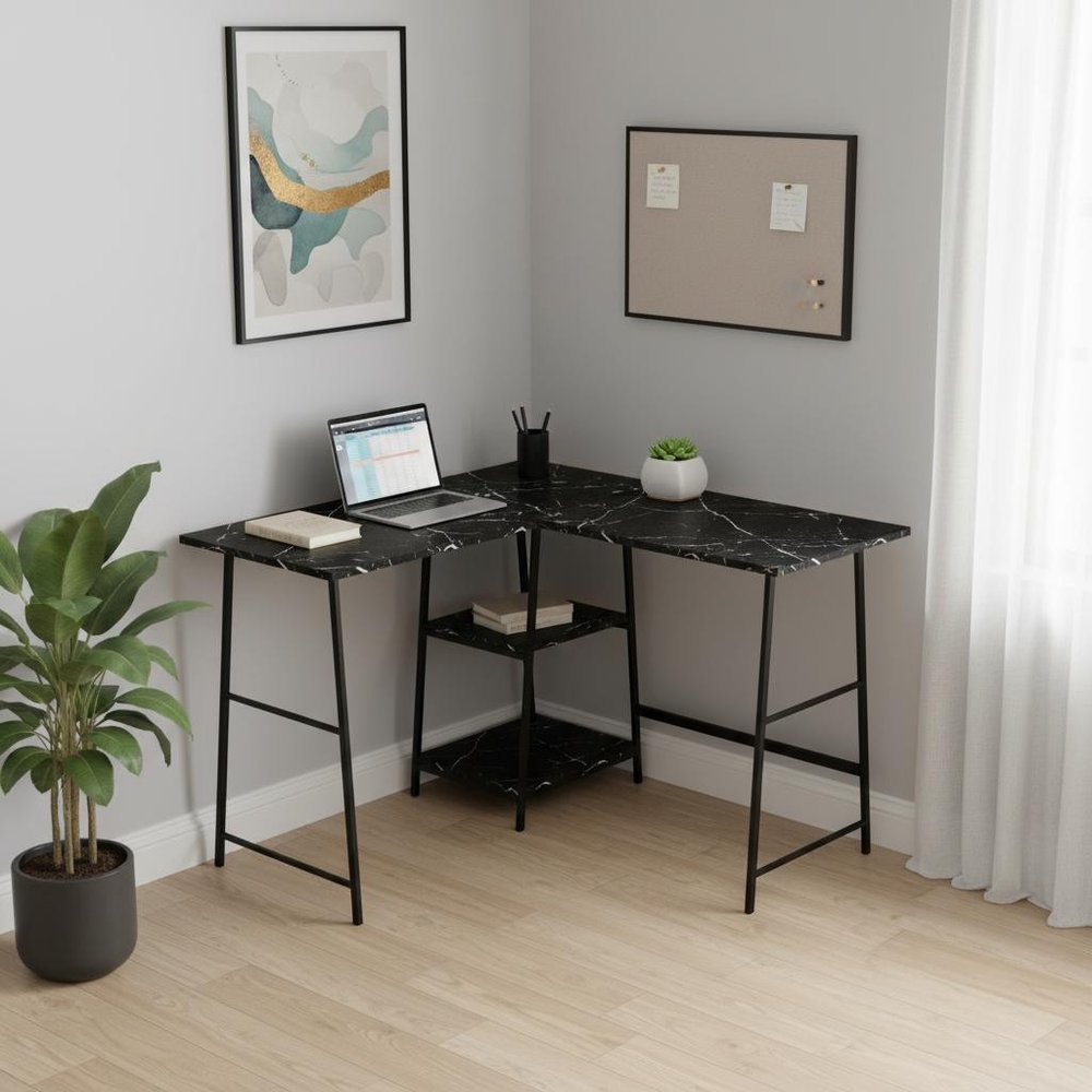47" Black and White Wood and Metal Corner Trestle Computer Desk