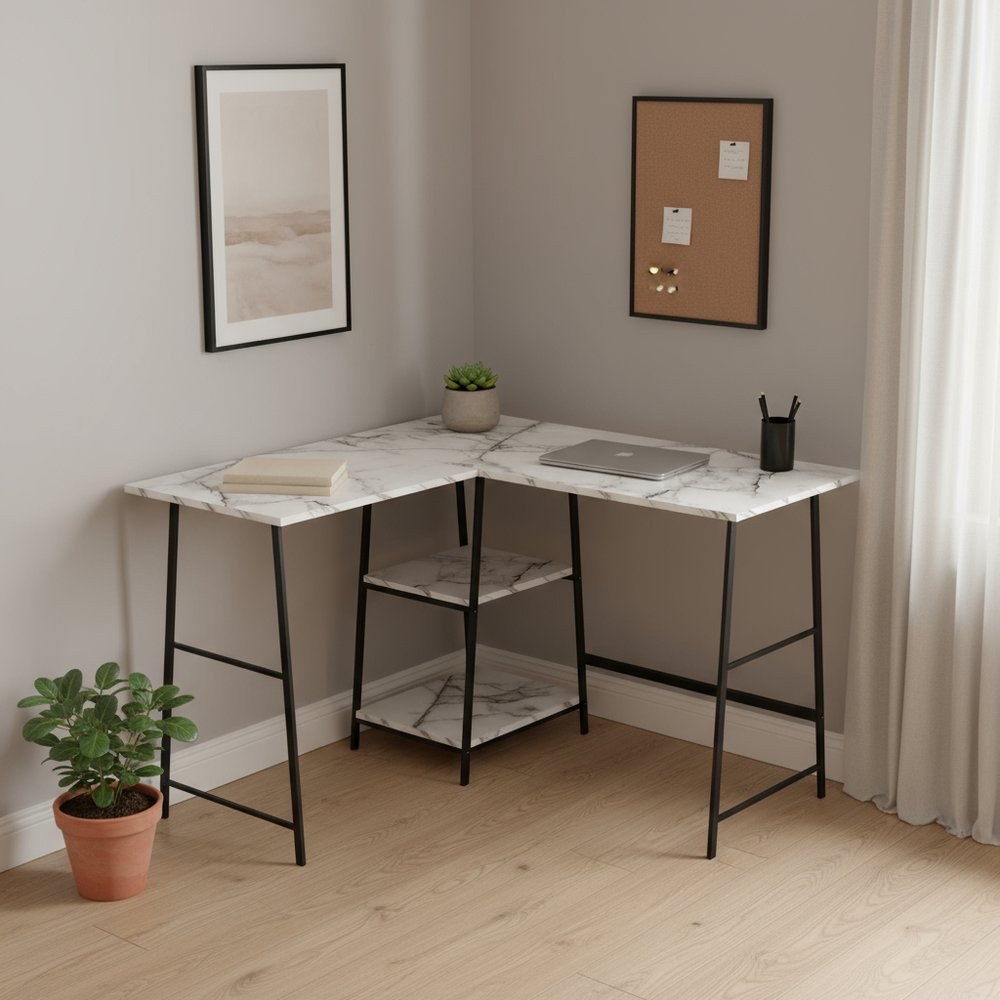 42" White and Black Wood and Metal Corner Trestle Computer Desk