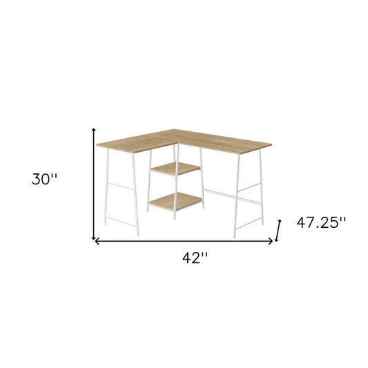 42" Natural and White Wood and Metal Corner Trestle Computer Desk
