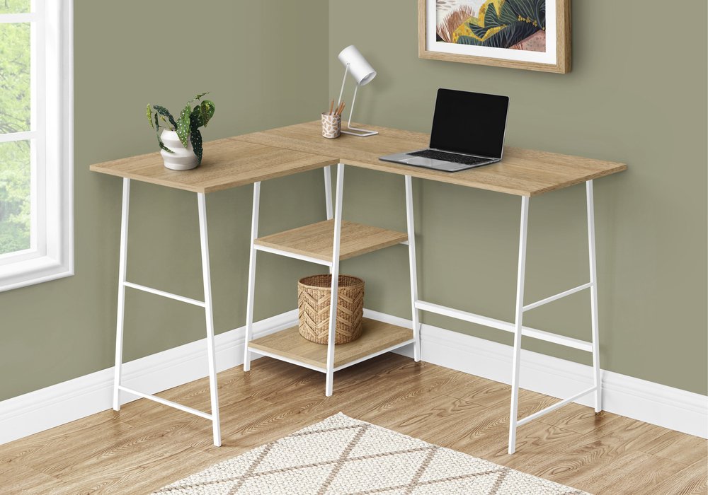 42" Natural and White Wood and Metal Corner Trestle Computer Desk