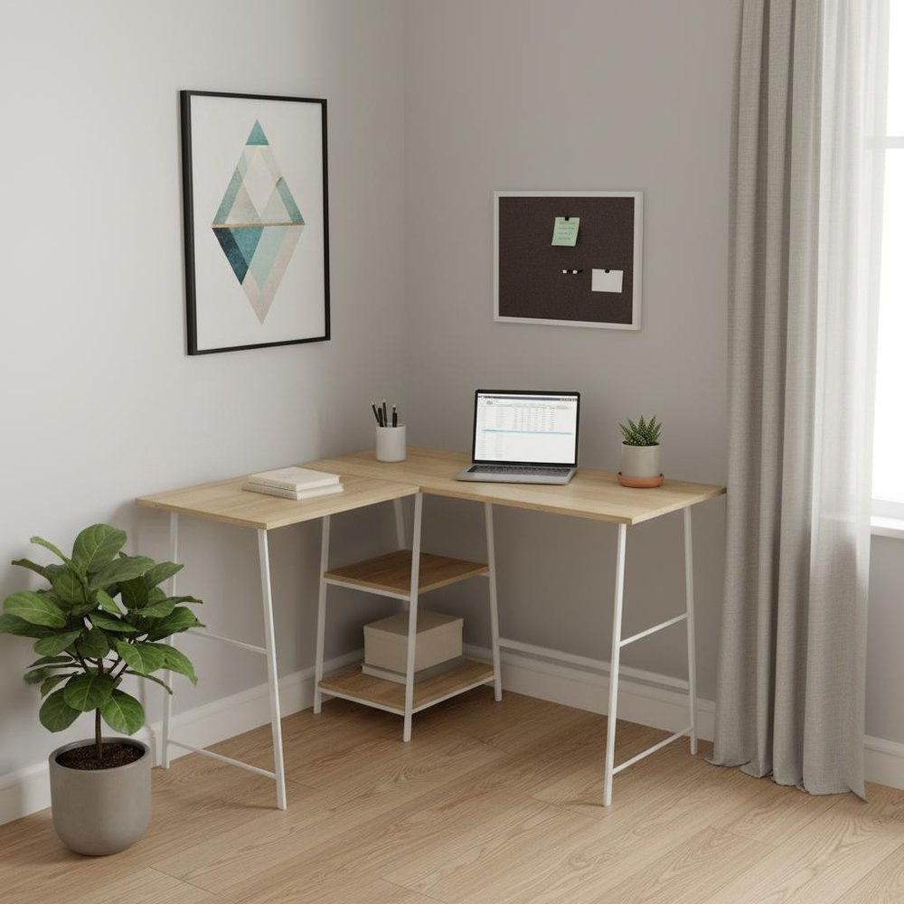 47" Natural and White Wood and Metal Corner Trestle Computer Desk