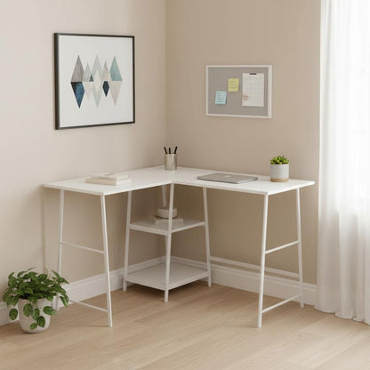 47" White Wood and Metal Corner Trestle Computer Desk