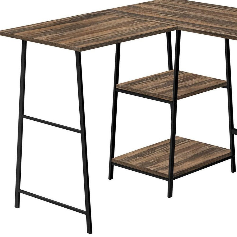 47" Brown and Black Reclaimed Wood and Metal Corner Trestle Computer Desk