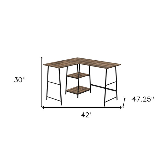 42" Brown and Black Reclaimed Wood and Metal Corner Trestle Computer Desk