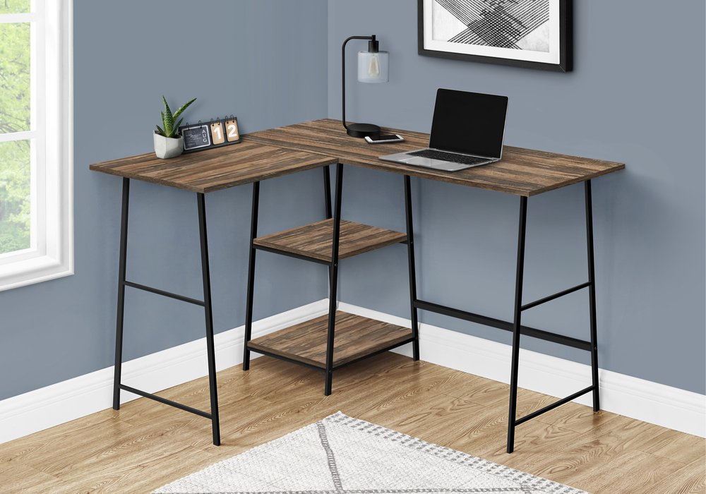 47" Brown and Black Reclaimed Wood and Metal Corner Trestle Computer Desk