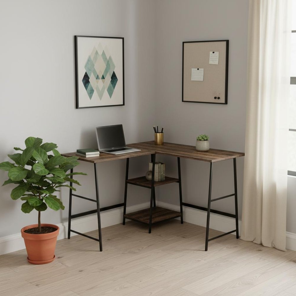 47" Brown and Black Reclaimed Wood and Metal Corner Trestle Computer Desk
