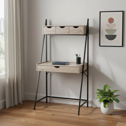 32" Taupe and Black Wood and Metal Sled Computer Desk With Four Drawers